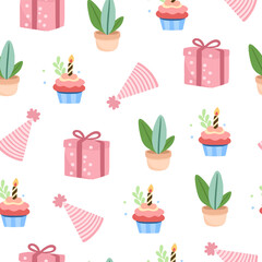 Hand-drawn cartoon illustration of holiday elements, flowers, gifts and funny characters. This vintage, cheerful pastel palette is perfect for gift wrapping.