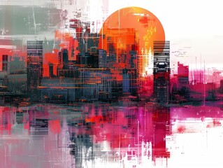 Obraz premium Vibrant Abstract Cityscape: Modern Urban Skyline Painting with Colorful Brushstrokes and Sunset Reflections - Contemporary Art in Red, Orange, and Pink