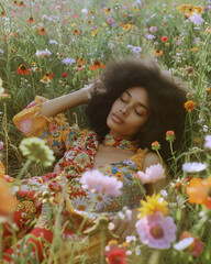 Hippie style black woman in a relaxing pose lying on a beautiful field of flowers