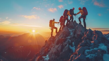 Nature's Ascent: Backpacking and Mountaineering to Reach New Peaks, Outdoor Expedition: Teamwork and Challenge in Mountain Climbing - obrazy, fototapety, plakaty