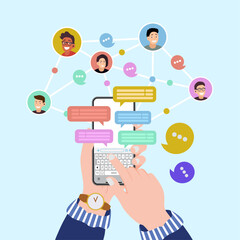 People hold smartphones with messenger apps to connect to the global network for online communication with friends. Cartoon group chat of friends using social media chat service. Vector.