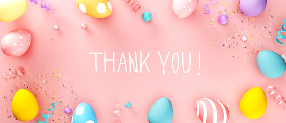 Thank you message with colorful Easter eggs and spring holiday pastel colors - 3D render