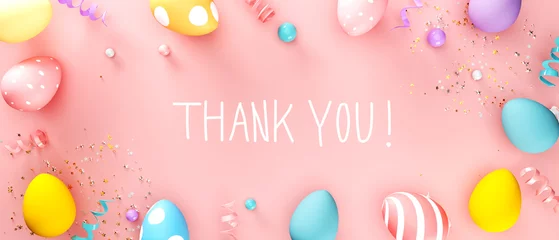Poster Thank you message with colorful Easter eggs and spring holiday pastel colors - 3D render © Tierney