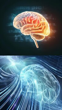 An image of a brain floating against a backdrop of streaming digital code and a sphere connected with beams of light.
