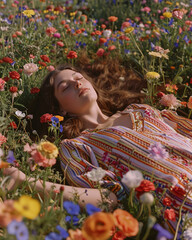 Hippie style woman in a relaxing pose lying on a beautiful field of flowers