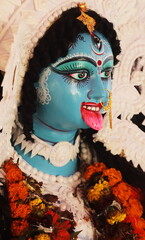 idol of hindu goddess maa kali, indian traditional festival kali puja, worship of goddess kali