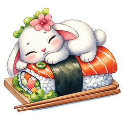 Fototapeta na wymiar rabbit cute little sleeping on sushi