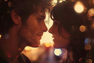 Intimate Couple Portrait with Warm Bokeh Lights and Romantic Atmosphere