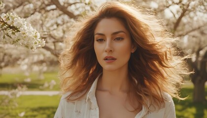 Asian Woman Outdoors Spring and Summer Portrait with Blowing Hair