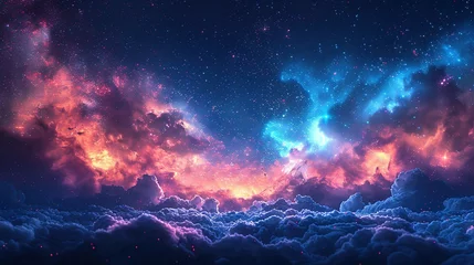 Foto auf Acrylglas Beautiful fantasy starry night sky, blue and purple colorful, galaxy and aurora 4k wallpaper © Jennifer