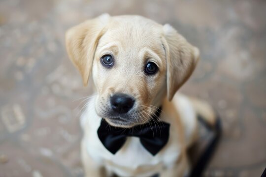 Puppy Wearing Black Bow Tie Looking Up. Generative AI