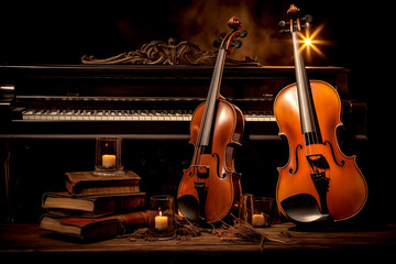music trio instrument with grand piano, violin and cello decorated with candles and books with black background - 747723529