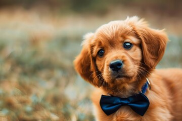 Adorable Puppy Wearing Blue Bow Tie in Field. Generative AI