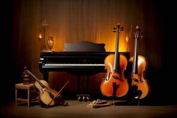 music trio instrument with piano, violin and cello with brown and lighting background