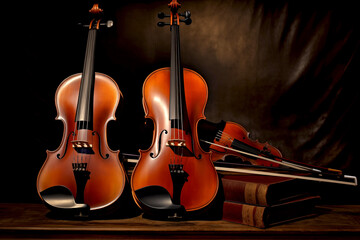 Close up threes violins display and books music instrument with black background - 747723576