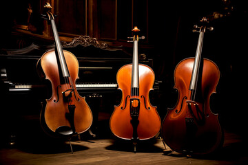 music trio instrument with piano, violin and cello decorated with black background