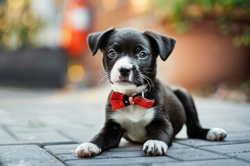 Small Black and White Dog Wearing Red Bow Tie. Generative AI