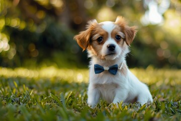 Small Brown and White Dog Wearing Blue Bow Tie. Generative AI