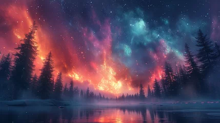 Fotobehang Beautiful fantasy starry night sky, blue and purple colorful, galaxy and aurora 4k wallpaper © Jennifer
