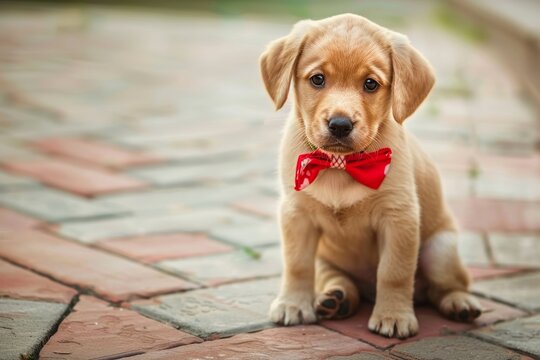Adorable Puppy With Red Bow Tie on Brick Floor. Generative AI