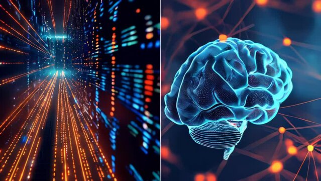 An image of a brain floating against a backdrop of streaming digital code and a sphere connected with beams of light.
