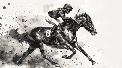 Foto op Plexiglas black and white background. horse racing sketch. horse racing tournament. equestrian sport. illustration of ink paints © StraSyP BG
