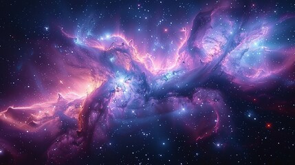 Beautiful fantasy starry night sky, blue and purple colorful, galaxy and aurora 4k wallpaper - obrazy, fototapety, plakaty