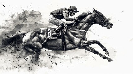 black and white background. horse racing sketch. horse racing tournament. equestrian sport. illustration of ink paints - obrazy, fototapety, plakaty