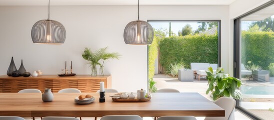 A contemporary dining room featuring a wooden table surrounded by white chairs under a pendant light. The room exudes a clean and minimalist aesthetic.