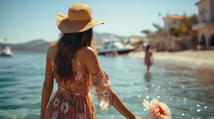 wide active photo of beautiful girlfriend with brown color hair and yellow dress holding boyfriend's hand and walking away from him at a beach backward to the camera, romantic pose