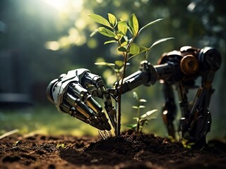 close up robot arm planting a tree in morning with dramatic light