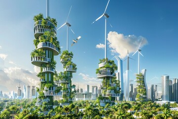 A futuristic renewable energy complex with vertical wind turbines and high-efficiency solar panels in an urban setting  - obrazy, fototapety, plakaty