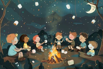 Fototapeta na wymiar Cartoon cute doodles of kids roasting marshmallows and making s'mores around a campfire at night, Generative AI
