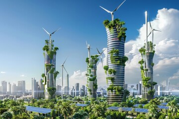 A futuristic renewable energy complex with vertical wind turbines and high-efficiency solar panels in an urban setting  - obrazy, fototapety, plakaty