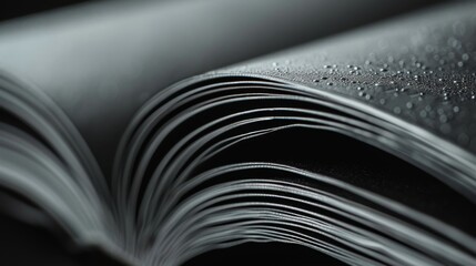 Close-up view of a black open book with water droplets on the pages, highlighting the delicate texture of the paper, macro shot of water droplets on open book.