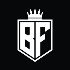 BF Logo monogram bold shield geometric shape with crown outline black and white style design