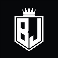 BJ Logo monogram bold shield geometric shape with crown outline black and white style design