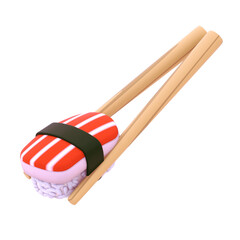 sushi with crab meat topping pinched by wooden chopstick 3d illustration