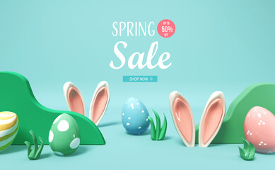 Spring sale message with rabbit ears and Easter eggs - 3D render - 747725382