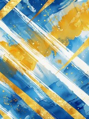 A painting featuring a background of vibrant blue and yellow stripes, creating a bold and eye-catching visual effect.