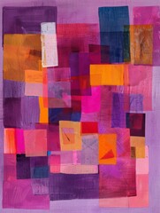 An abstract painting featuring a dynamic arrangement of squares and rectangles in various sizes and colors, creating a visually engaging composition.