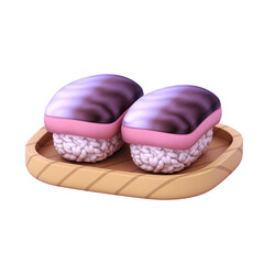 sushi with fresh mackerel fish topping on wooden plate 3d illustration