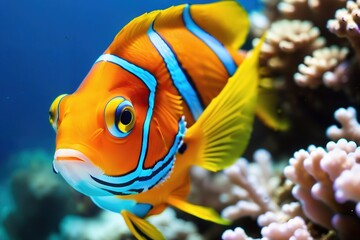 Naklejka premium Colorful tropical fish on the background of a coral reef.