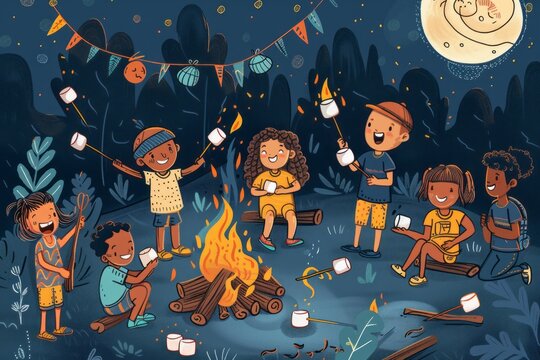 Cartoon cute doodles of kids roasting marshmallows and making s'mores around a campfire at night, Generative AI
