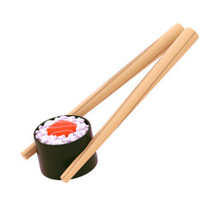 sushi roll wrapped in seaweed with fresh salmon filling pinched by wooden chopstick 3d illustration