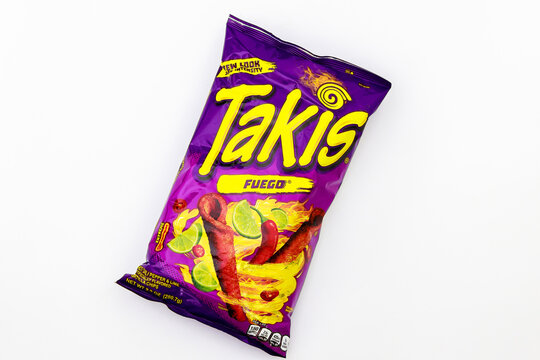February 3, 2023. Spartanburg, SC USA. Takis Fuego hot chili pepper and lime rolled tortilla chips