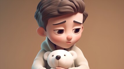 3D Illustration of a Teenage Boy Holding a Teddy Bear
