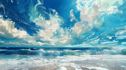 Fototapeta na wymiar Illustration of blue sky and ocean waves relaxing summer day beach