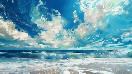 Foto op Canvas Illustration of blue sky and ocean waves relaxing summer day beach © TINA