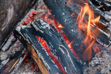 Red and orange flames emanate from a bonfire of burning logs.